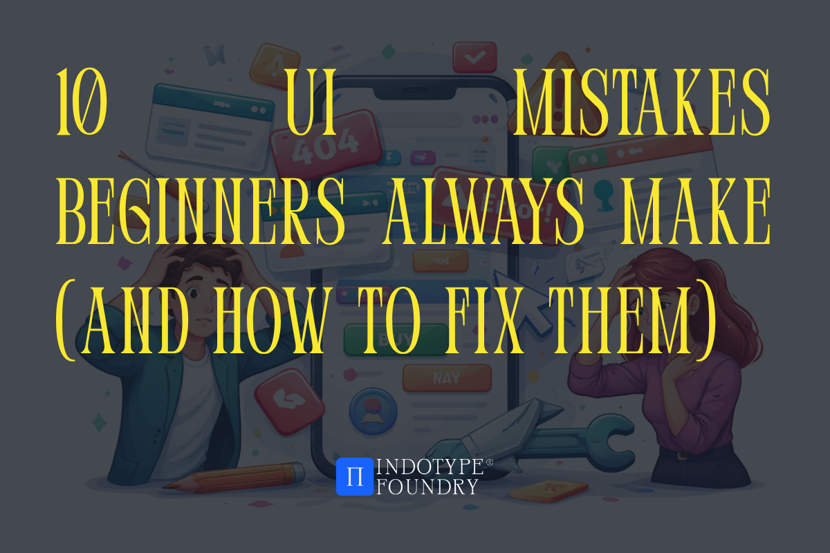 Before and after comparison of 10 common UI design mistakes and their fixes showing typography, spacing, and contrast improvements